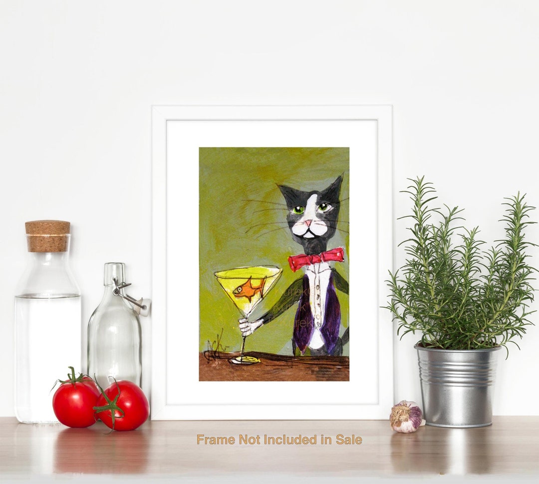 Funky Cat Art - Tuxedo Cat Bartender With Martini - 5 X 7 Bar Art Print ...
