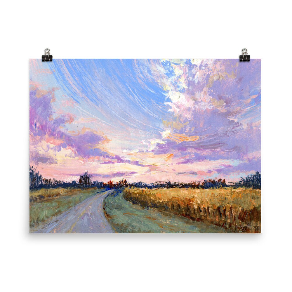 Ethereal Clouds Sunset Open Road Trip Painting Print Field Painting ...