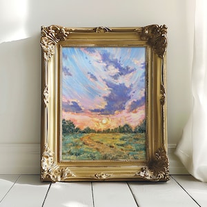 幻想的で夢のような雲のアートとフィールドのアートプリント、草原の絵画、平和な風景画、ヴィンテージピンクのアート、日の出と日没、アンジェラ・バーンズ