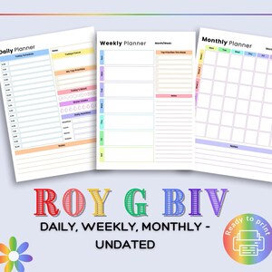 Op de afbeelding: Printbare dagelijkse, wekelijkse en maandelijkse plannerpagina's in regenboogkleuren. De pagina's zijn niet gedateerd en klaar om te printen.