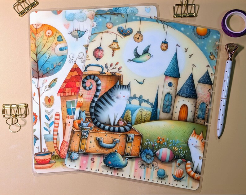 Whimsical Kittens #3 - Happy Planner Custom Laminated Cover - Classic & Mini Sizes - Reversible