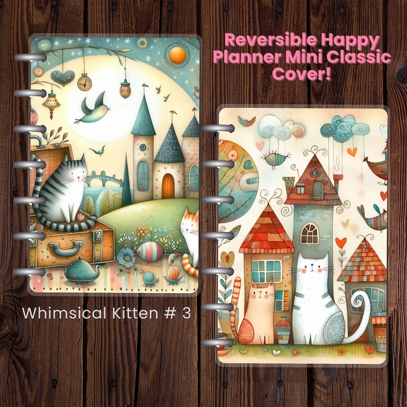 Whimsical Kittens #3 - Happy Planner Custom Laminated Cover - Classic & Mini Sizes - Reversible