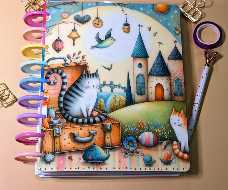 Whimsical Kittens #3 - Happy Planner Custom Laminated Cover - Classic & Mini Sizes - Reversible