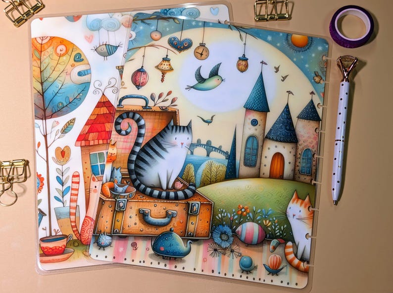 Whimsical Kittens #3 - Happy Planner Custom Laminated Cover - Classic & Mini Sizes - Reversible