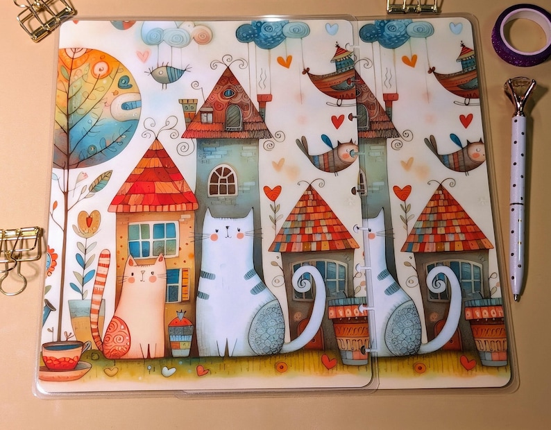Whimsical Kittens #3 - Happy Planner Custom Laminated Cover - Classic & Mini Sizes - Reversible