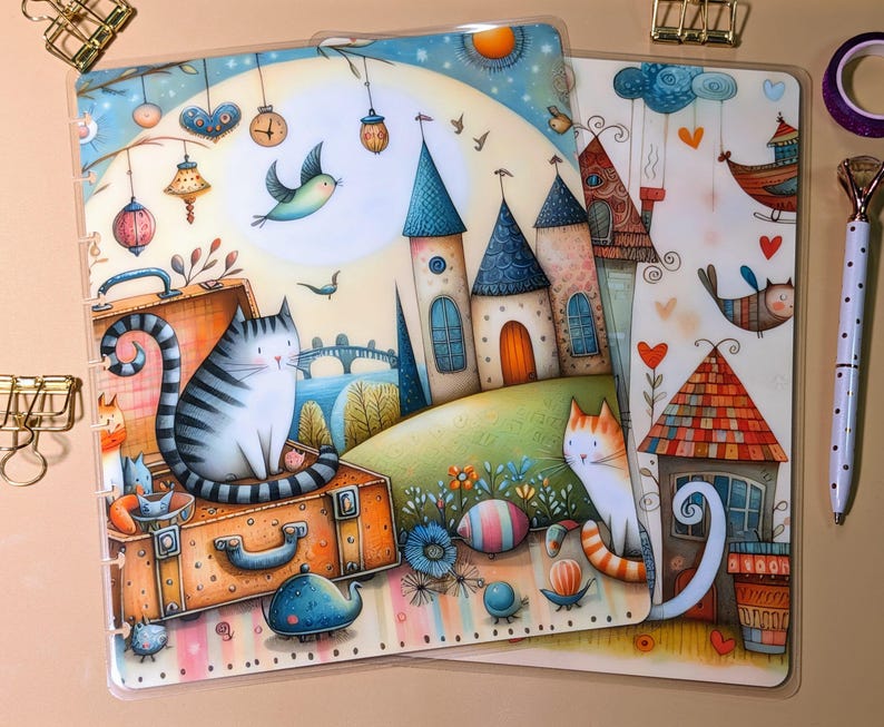 Whimsical Kittens #3 - Happy Planner Custom Laminated Cover - Classic & Mini Sizes - Reversible