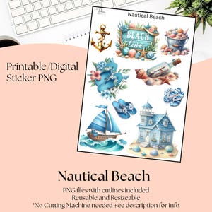 Printable Stickers- Nautical Beach | Digital Download Stickers | Stickers for Planner | Journal Stickers | Summer Beach Clip Art