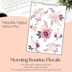 Printable Stickers- Morning Routine Florals | Digital Download Stickers | Stickers for Planner | Journal Stickers | Floral Clip Art