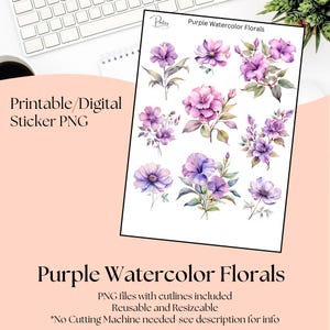 Printable stickers- Purple Watercolor Florals | Digital Download Stickers | Stickers for Planner | Journal Stickers | Floral Clip Art