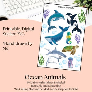 Printable Stickers- Ocean Animals | Digital Download Stickers | Stickers for Planner | Journal Stickers | Hand-drawn Ocean Animals