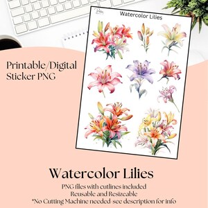 Printable Stickers- Watercolor Lilies | Digital Download Stickers | Stickers for Planner | Journal Stickers | Floral Clip Art