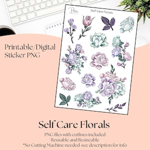 Printable Stickers- Self Care Florals | Digital Download Stickers | Stickers for Planner | Journal Stickers | Floral Clip Art