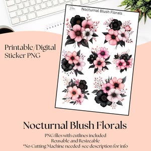 Afdrukbare stickers - nachtelijke blush bloemen | Digitale downloadstickers | Stickers voor planner | Dagboekstickers | Illustraties bloem