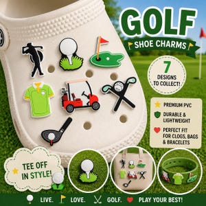 Könnte beinhalten: Eine Auswahl an Golf-Schuh-Anhängern mit verschiedenen Designs, darunter eine Golfspieler-Silhouette, Golfball, Golfplatz, Golfwagen und Schläger. Die robusten PVC-Charms passen auf Clogs, Taschen und Armbänder. Der Text lautet "GOLF SHOE CHARMS" und "TEE OFF IN STYLE!"