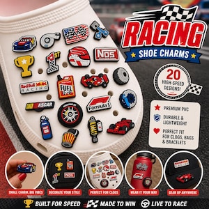 May include: White clog shoe decorated with racing-themed shoe charms. The charms include race cars, flags, and logos. The image also shows a variety of racing-themed accessories, including a water bottle and a hat. The text on the image says "RACING SHOE CHARMS".