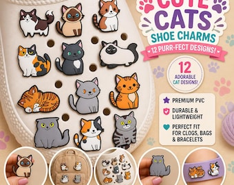 May include: A white clog shoe decorated with 12 colourful cat shoe charms. The charms feature different cat designs and are made of durable PVC. The image includes text that says "Cute Cats Shoe Charms" and "12 Purr-fect Designs!"