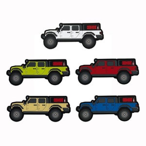 May include: Four different coloured Jeep Wrangler models with a roof rack and a black rear bumper. The Jeeps are white, green, red, and blue.
