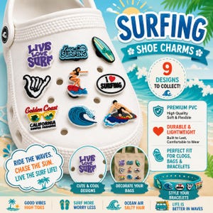 Peut inclure: Chaussure blanche ornée de breloques sur le thème du surf. Les breloques présentent des planches de surf, des vagues et des phrases telles que "Live Love Surf" et "Golden Coast California Surfer Paradise". L'image affiche également le texte "Surfing Shoe Charms" et "9 Designs to Collect!"