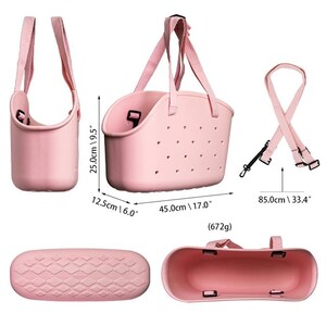 Puede incluir: Un bolso tote rosa claro con una correa para el hombro a juego. El bolso mide 45,0 cm de largo, 12,5 cm de ancho y 25,0 cm de alto. Tiene un dise&ntilde;o perforado y pesa 672 gramos.