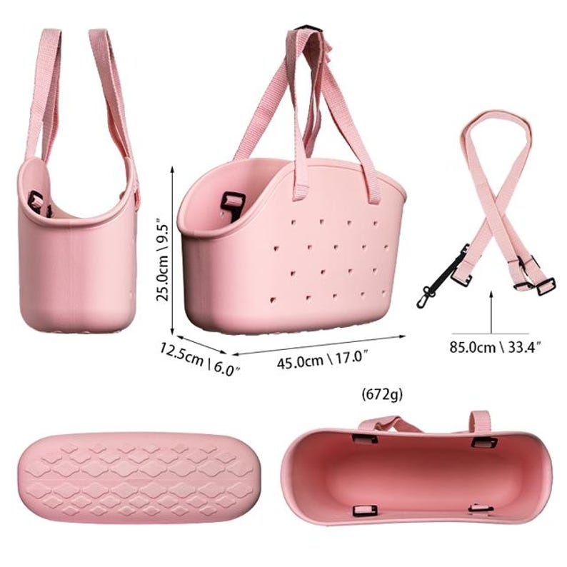 Puede incluir: Un bolso tote rosa claro con una correa para el hombro a juego. El bolso mide 45,0 cm de largo, 12,5 cm de ancho y 25,0 cm de alto. Tiene un dise&ntilde;o perforado y pesa 672 gramos.