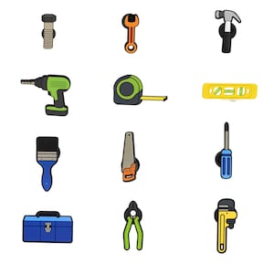 Op de afbeelding: Een verzameling cartoon-achtige bouwwerktuigen, waaronder een bout, een sleutel, een hamer, een boor, een meetlint, een waterpas, een penseel, een zaag, een schroevendraaier, een gereedschapskist, een tang en een verstelbare moersleutel.