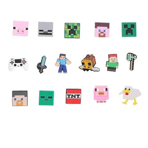 May include: A selection of colourful, pixelated charms featuring characters and items from a popular video game. Includes a pig, skeleton, creeper, Steve, and a controller. Other charms include a sword, TNT block, and a chicken.