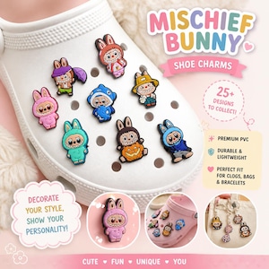 Mischief Bunny Shoe Charms for Clogs, Sandals, Sneakers, Bags, Bracelets with holes | Bold and Colorful Faces