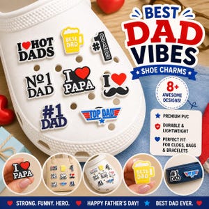 Może przedstawiać: Zestaw zawieszek do butów z różnymi wzorami, w tym "I ❤️ HOT DADS", "BEST DAD" i "#1 DAD". Zawieszki są w kolorach czerwonym, czarnym, białym i żółtym. Obraz zawiera również tekst "BEST DAD VIBES" i "SHOE CHARMS".