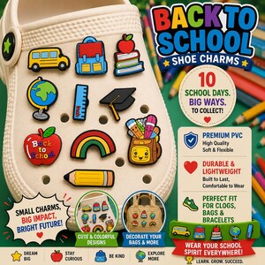 May include: A cream-colored shoe adorned with colorful 'Back to School' themed shoe charms. Charms include a school bus, backpack, globe, ruler, graduation cap, apple, rainbow, pencil, and a smiling backpack. Text on the shoe says 'Back to School' and 'Small Charms, Big Impact, Bright Future!'