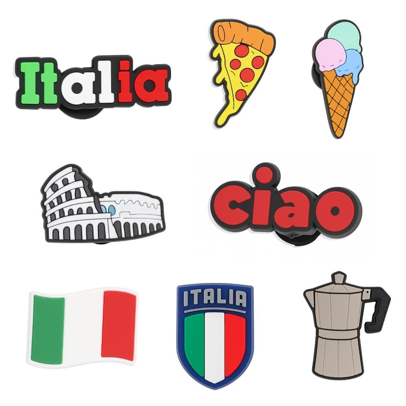 May include: A collection of Italian-themed charms, including the word "Italia" in green and red, a pizza slice, an ice cream cone, the Colosseum, the word "ciao", the Italian flag, an Italian shield, and a coffee maker.