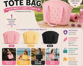 Large EVA Tote Bag with Charm Holes – Waterproof Unisex Shopping, Beach & Gym Bag | Customizable Carryall with Strap (Charms not included)