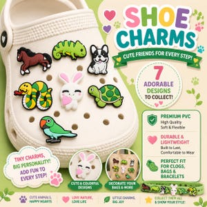 Puede incluir: Un zapato tipo zueco blanco adornado con coloridos dijes de zapatos con forma de animales, incluyendo un caballo, un lagarto, un perro, una serpiente, un conejo, una tortuga y un loro. La imagen incluye el texto "Shoe Charms" y "Cute Friends for Every Step!"
