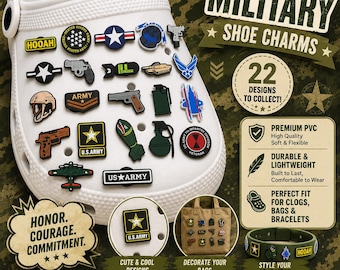 May include: White clog shoe adorned with various military-themed shoe charms. Charms include stars, guns, a helmet, a tank, and the text "US Army". The image also shows a bracelet and a tote bag decorated with the same charms.