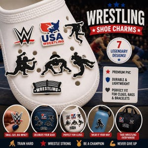 May include: White shoe with wrestling-themed shoe charms. Charms include the WWE logo, USA Wrestling logo, and wrestling figures. The text "Wrestling Shoe Charms" is displayed. The charms are made of premium PVC and are durable and lightweight.