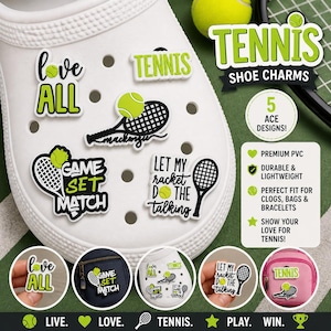 May include: White shoe adorned with tennis-themed charms. The charms feature tennis balls, rackets, and slogans such as "Love All" and "Game Set Match." The image also shows a tennis ball and text that says "Tennis Shoe Charms".