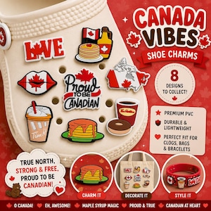 May include: A collection of Canada-themed shoe charms, including maple syrup, Canadian flag, and Tim Hortons coffee cup designs. The charms are made of durable PVC and are designed to fit clogs, bags, and bracelets. The text "CANADA VIBES" is also visible.