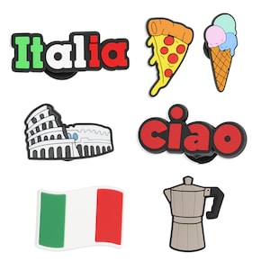 Italie Pendentifs pour chaussures - Pizza, glaces, drapeau, accessoires du Colisée pour sabots, sandales, baskets, sacs et bracelets avec trous