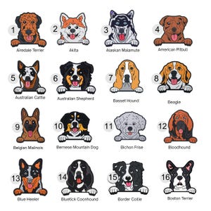Può includere: Sedici illustrazioni di cartoni animati di varie razze di cani, tra cui Airedale Terrier, Akita, Alaskan Malamute, American Pitbull, Australian Cattle e altro. Ogni cane è raffigurato dal petto in su, con un'espressione amichevole.