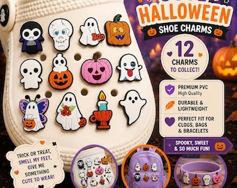 May include: A white shoe adorned with Halloween-themed charms, including ghosts, pumpkins, and skulls. The image features text stating "Cute Halloween Shoe Charms" and "12 Charms to Collect!" The charms are designed for clogs, bags, and bracelets.