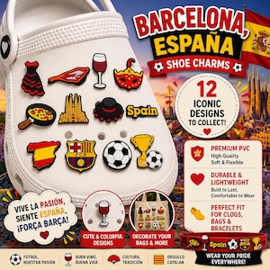 May include: White clog shoe decorated with 12 Barcelona, Spain shoe charms. Charms include a red dress, a slice of ham, a wine glass, a mask, a pan of paella, a church, a hat, a Spain flag, a football, a trophy, and a FCB logo.