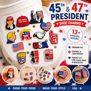 May include: A collection of patriotic shoe charms featuring various designs, including the American flag, the text "USA", and images of political figures. The charms are made of premium PVC and are designed to fit clogs, bags, and bracelets.