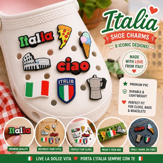 Italy Shoe Charms – Pizza, Gelato, Flag, Colosseum Accessories for Clogs, Sandals, Sneakers, Bags & Bracelets with holes