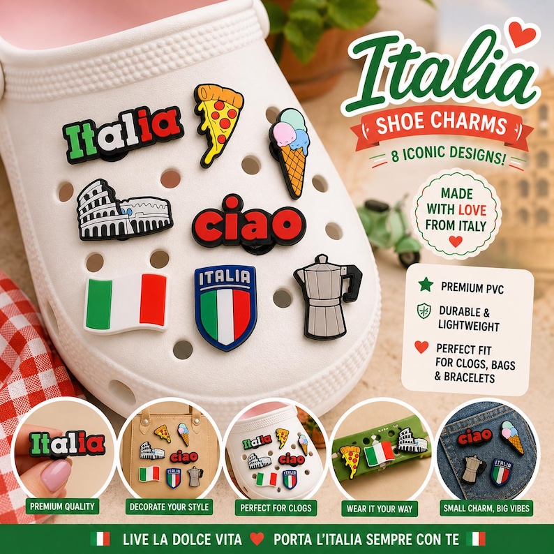May include: White clog shoe adorned with Italian-themed shoe charms. Charms include the Italian flag, pizza slice, ice cream cone, Colosseum, and the word "Italia". The image also includes text that says "Italia Shoe Charms" and "Made with Love From Italy".