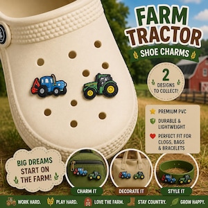 Könnte beinhalten: Ein beiger Clog-Schuh mit zwei Schuhanhängern in Form von Traktoren. Einer ist blau und rot, der andere grün und gelb. Das Bild enthält den Text "Farm Tractor Shoe Charms" und "Big Dreams Start on the Farm!"