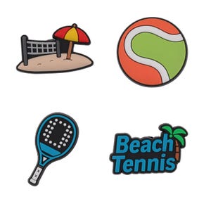 May include: Four colorful beach-themed charms. Includes a beach volleyball net with a red and yellow umbrella, a tennis ball, a blue and black paddle, and a charm that says "Beach Tennis" in blue.