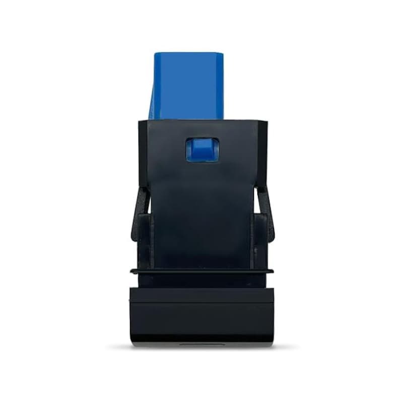 May include: A black self-inking rubber stamp featuring a rectangular body with a bright blue top handle and a matching blue indicator window on the front. The device has a sturdy plastic frame with side locking mechanisms and a wide base.