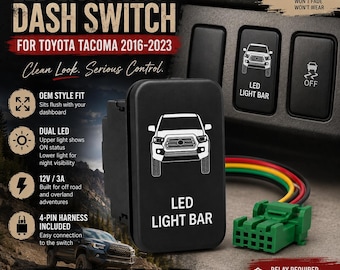 LED Light Bar Dash Push Switch for Toyota Tacoma 2016-2023 | Laser Etched Auxiliary Switch | Overland & Off Road