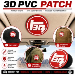 May include: A circular 3D PVC patch featuring a red background with a white stylized logo. The patch includes a hook and loop backing and is shown applied to a black baseball cap, a tan backpack, and a tan jacket sleeve, demonstrating its versatility.