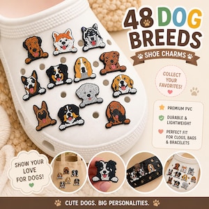 Puede incluir: Zapato blanco con múltiples dijes de zapatos de razas de perros coloridos. Los dijes son de varios colores y diseños. El texto de la imagen dice "48 Dog Breeds Shoe Charms", "Show Your Love For Dogs!" y "Cute Dogs. Big Personalities."