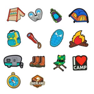 Camping Shoe Charms – Outdoor Adventure Accessories with Tent, Compass, Boot, Campfire for Clogs, Sandals, Sneakers, Bags with holes